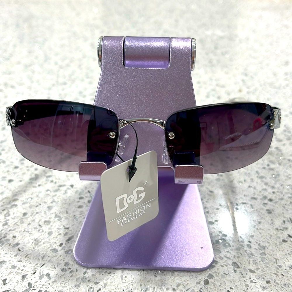 NWT DG FASHION SUNGLASSES WOMENS SILVER RIMLESS PLUM LENSES NOSE PADS DESIGN BOW